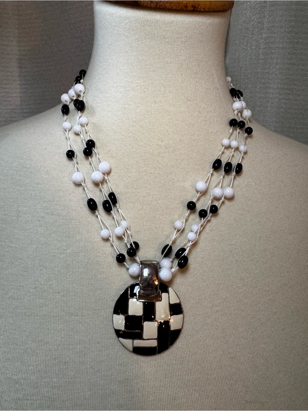 Black & White Beaded Multi-Strand Pendant Necklace